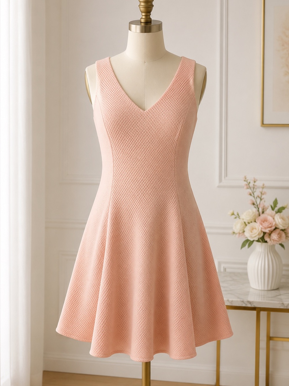 Pink Ribbed Sleeveless V-Neck Mini Dress for Weddings